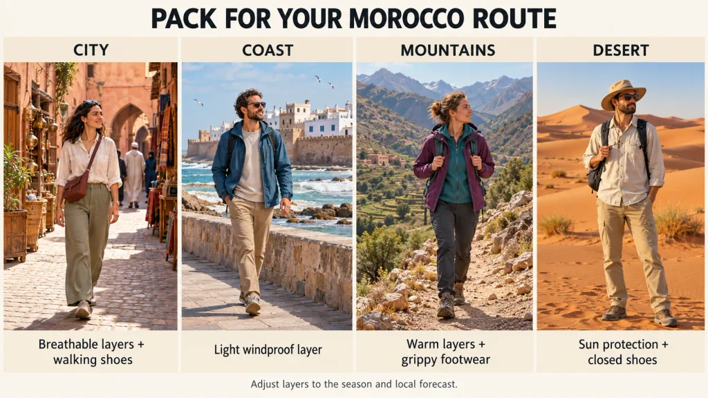 Clothing examples for Morocco’s cities, Atlantic coast, Atlas Mountains, and Sahara Desert