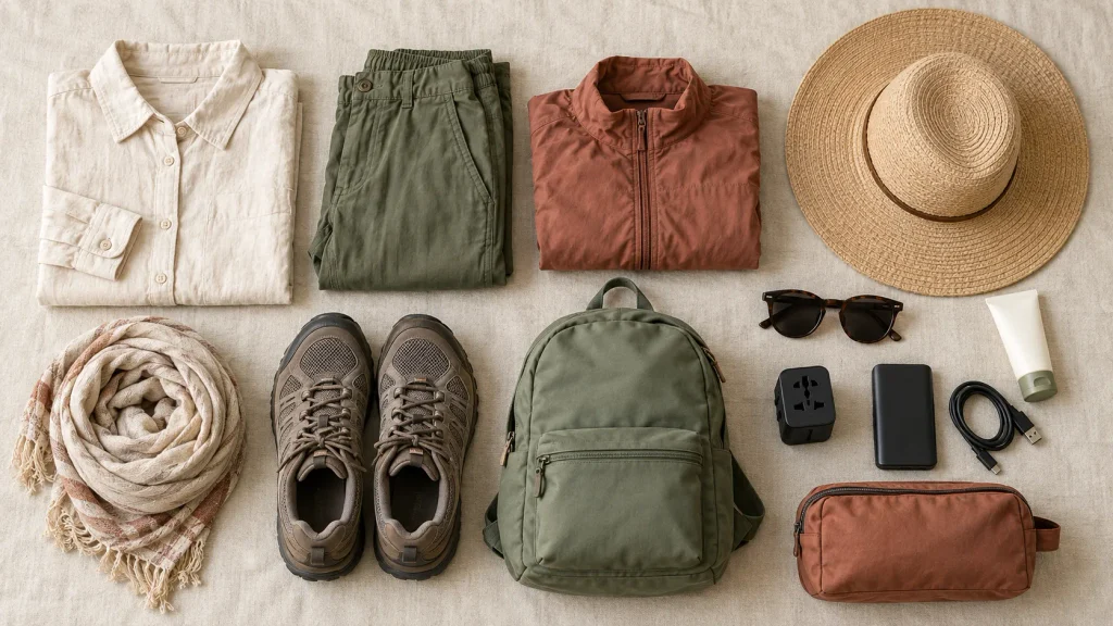 Morocco packing essentials including layered clothing, walking shoes, sun protection, a day bag, and travel electronics
