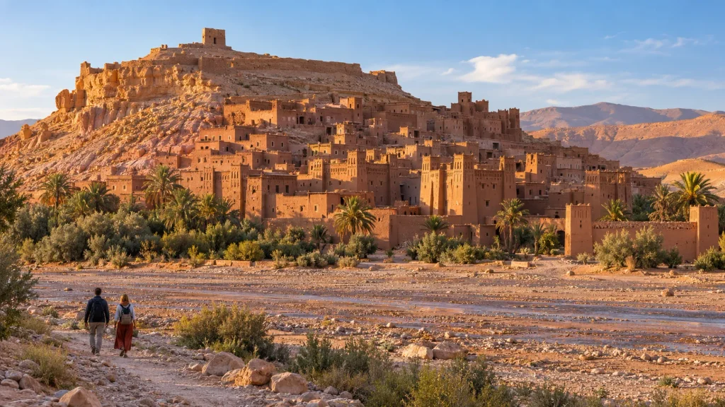 Ait Ben Haddou’s earthen architecture and travelers exploring one of the historic Morocco destinations