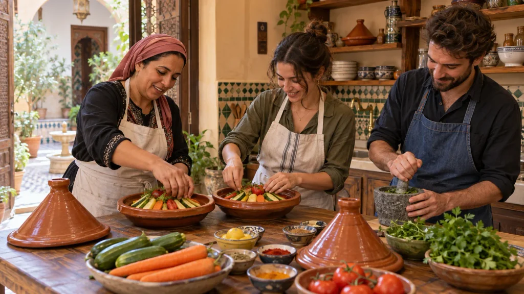 Travelers learning to prepare a Moroccan tagine with a local cooking instructor in a riad kitchen