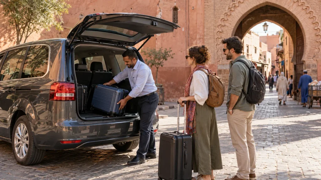 Driver loading travelers’ luggage into a minivan near a medina gateway in Marrakech