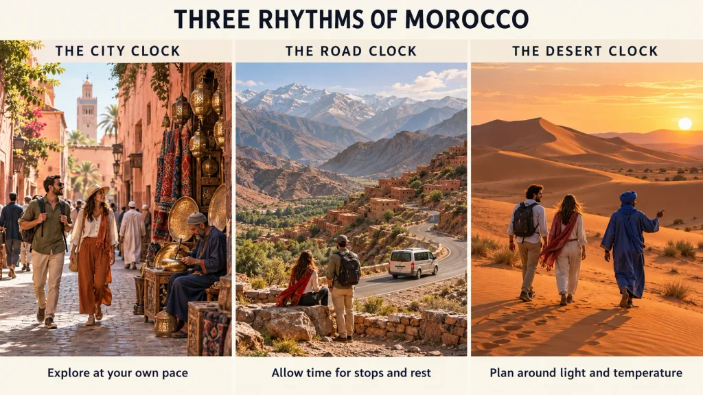 Three rhythms of Morocco travel: medina exploration, Atlas Mountain road journeys, and desert activities timed around sunset