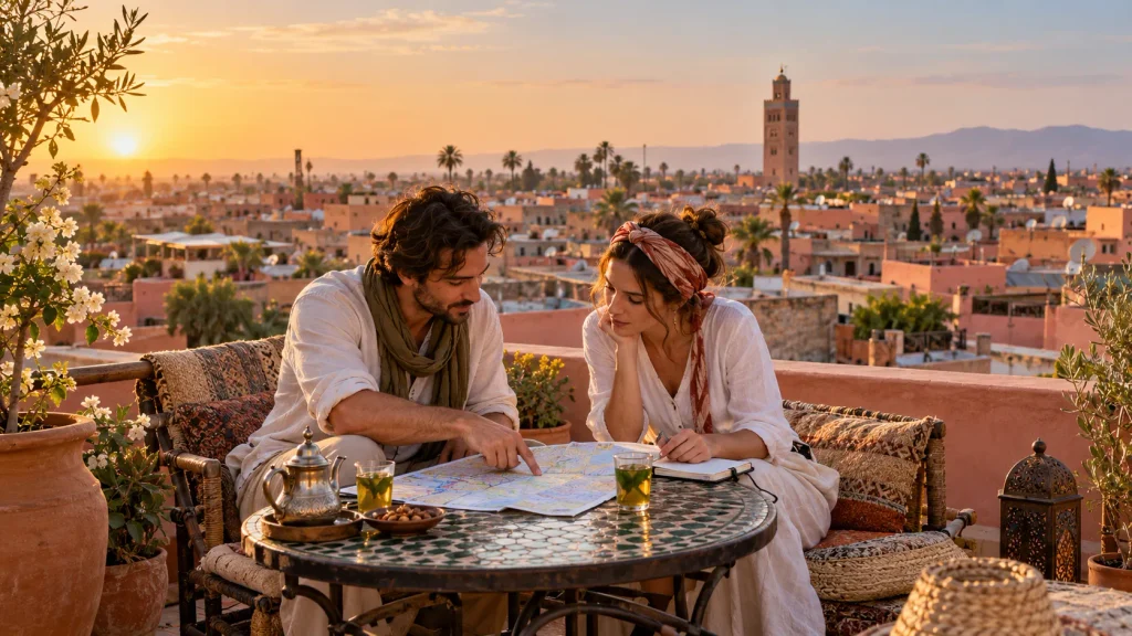 Travelers planning a Morocco itinerary on a riad rooftop overlooking Marrakech at golden hour