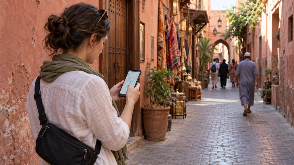 Traveler checking a smartphone map while standing beside a pedestrian lane in Marrakech’s medina