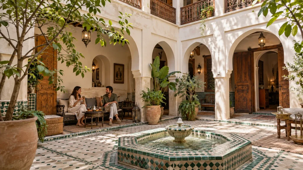Travelers enjoying mint tea in a traditional Moroccan riad courtyard with a tiled fountain and shaded seating