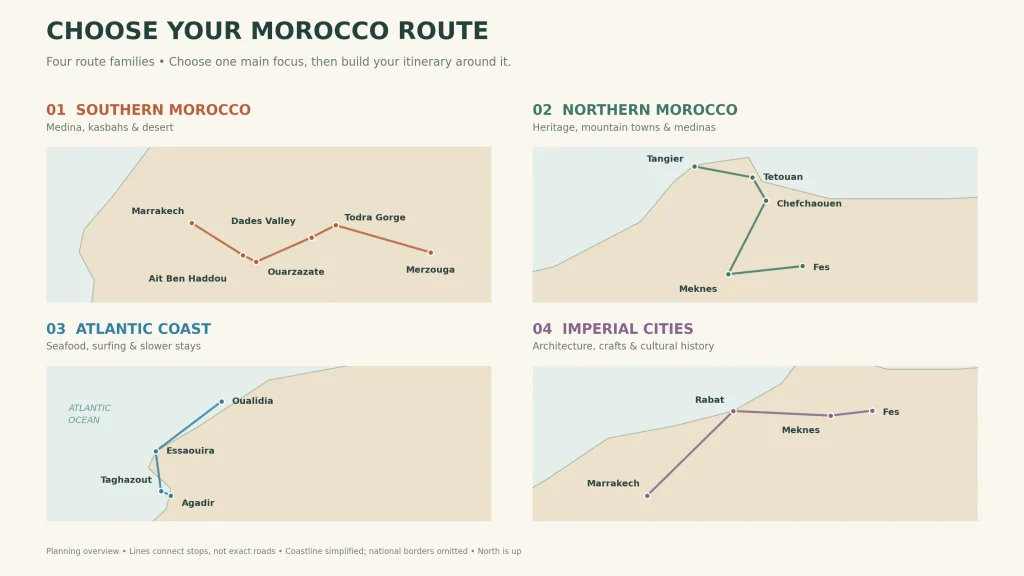 Morocco route planning maps showing southern Morocco, northern Morocco, the Atlantic coast, and imperial cities